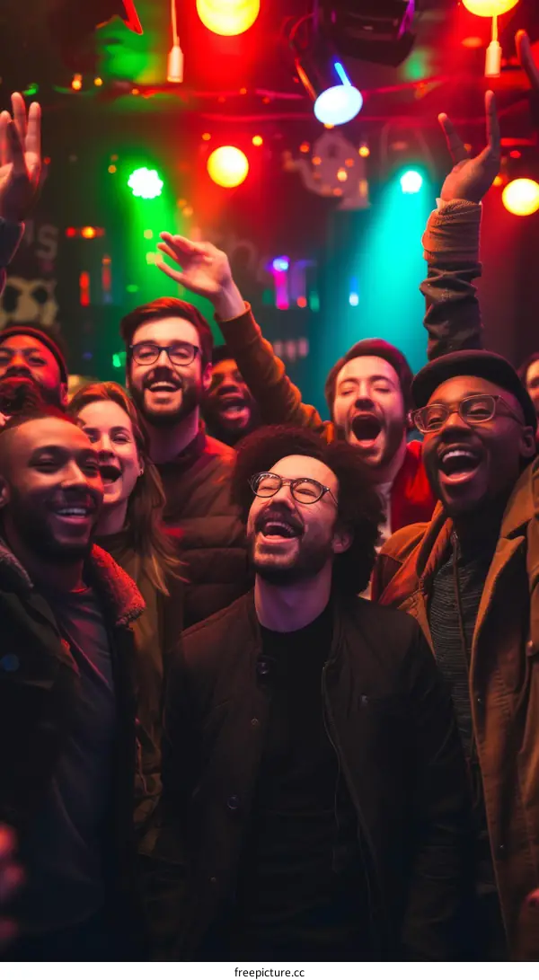 Group of multi-ethnic friends cheering at a concert