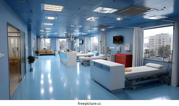 Modern Hospital Corridor with Beds and Equipment