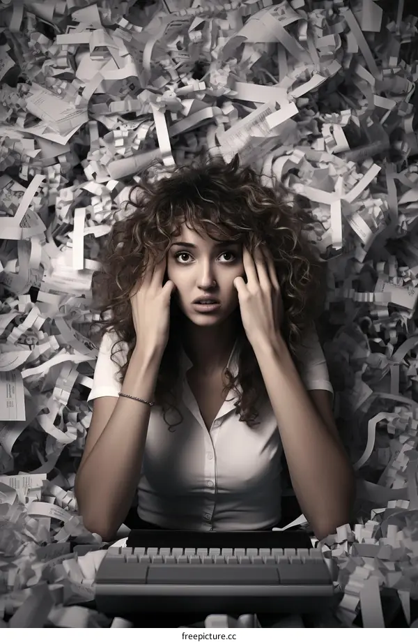 A young woman is sitting in a sea of paper.
