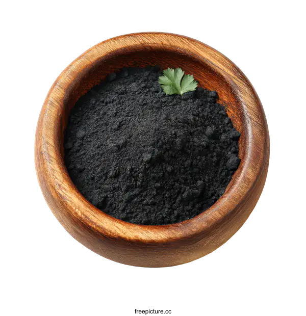 [Transparent Background PNG]Wooden Bowl with Black Powder Spice