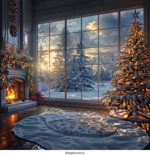 Christmas Tree with Gifts by a Cozy Fireplace