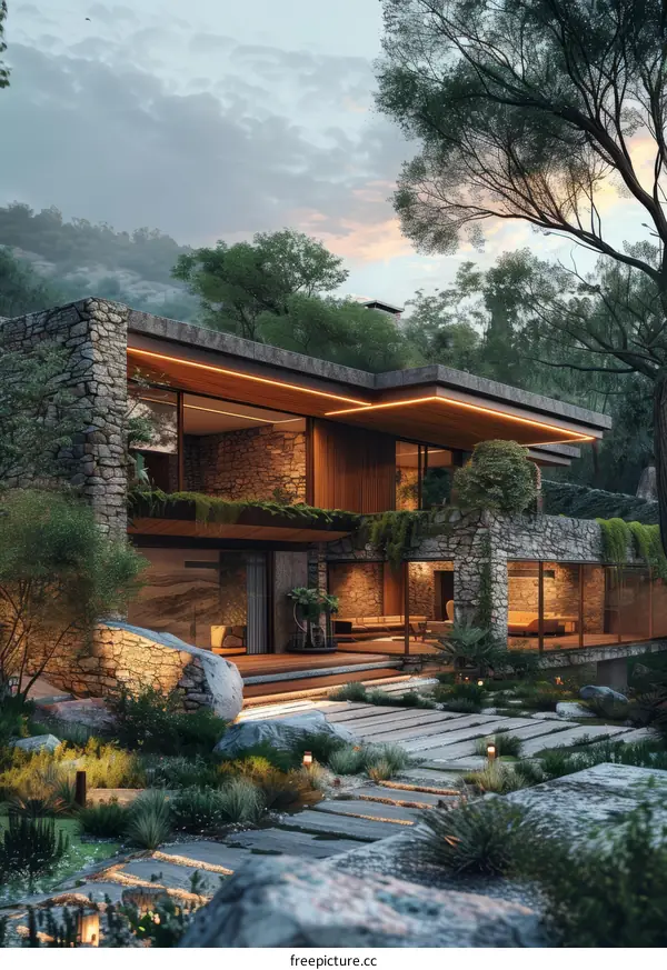 Modern Stone House Exterior with Natural Landscaping