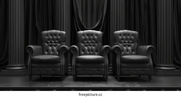 Three Black Leather Armchairs on Stage with Curtains