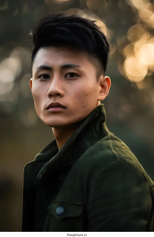 Portrait of a Young Asian Man in a Green Jacket