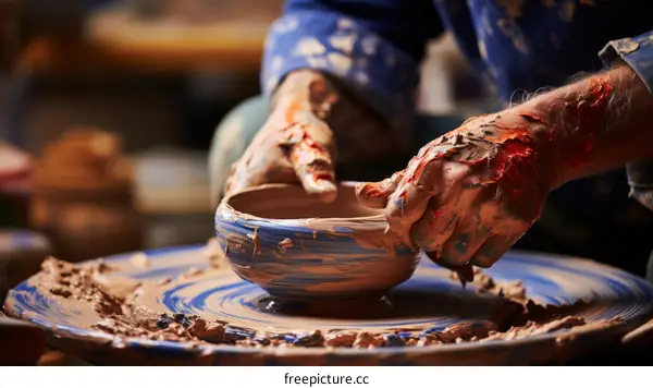 The potter's hands shape the clay into a bowl