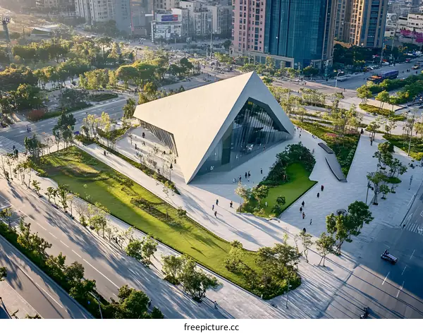 Modern Architecture Building with Green Space and People Walking