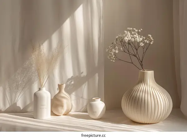 Dried flowers and plants in ceramic vases