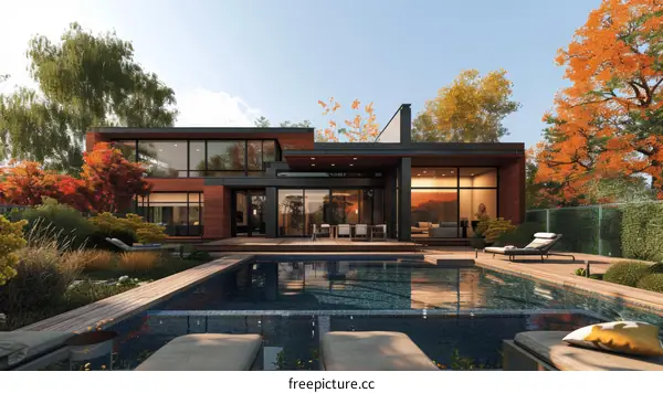 A modern house in harmony with nature in autumn