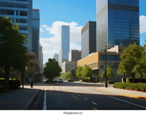 Modern urban street scene with tall buildings under clear sky