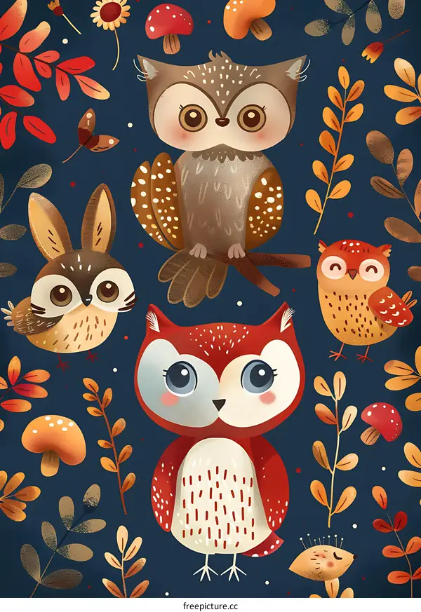 Cute Cartoon Owls and Rabbit Illustration