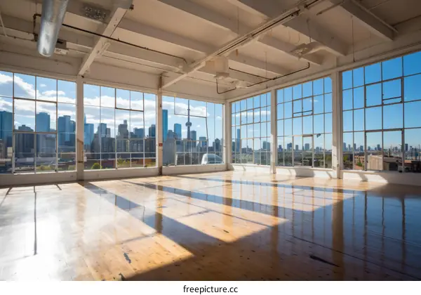 Modern interior of an empty room with large windows and a beautiful city view