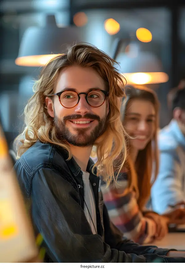 Portrait of a smiling young man with long hair and beard wearing glasses in a casual outfit in an office environment