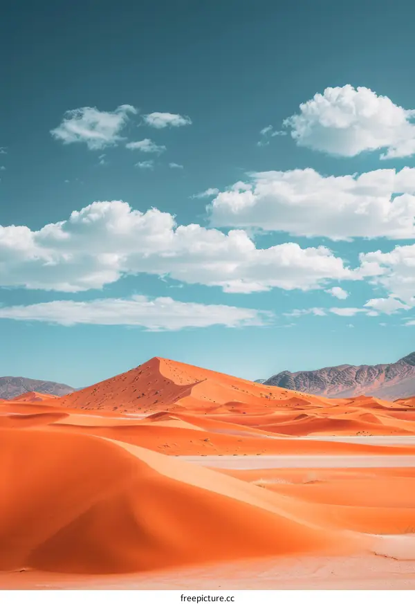 Huge red sand dunes in the middle of a desert with blue sky and clouds