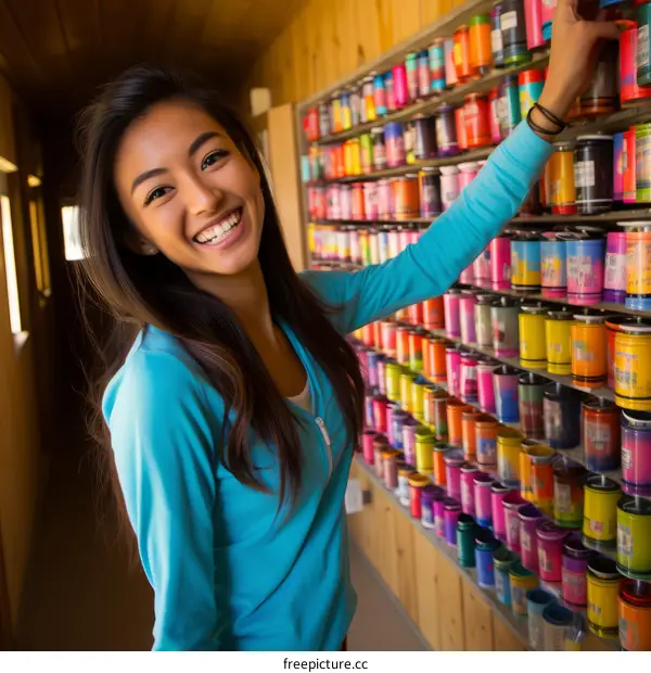Asian woman smiling in front of a wall of colorful cans