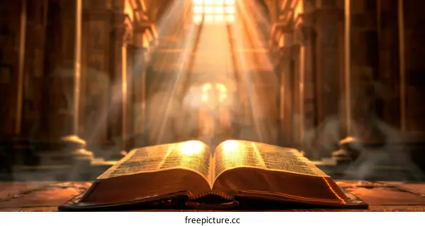 Rays of Light Illuminating an Open Bible in Church