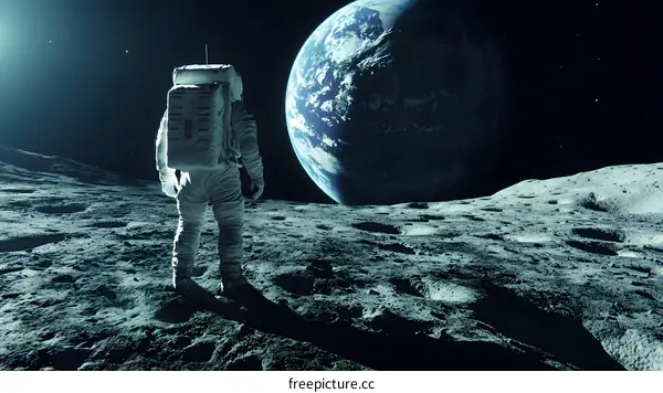 Astronaut Standing on Moon Surface Looking at Earth