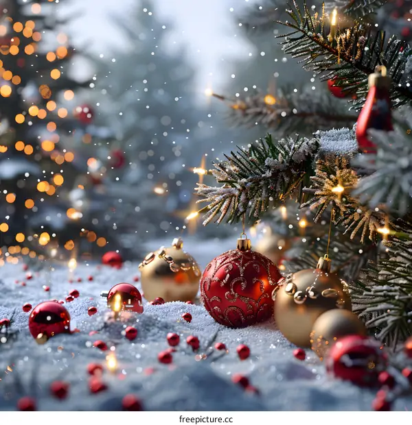 Christmas Tree With Red And Gold Ornaments And Fairy Lights With Blurred Snowy Background