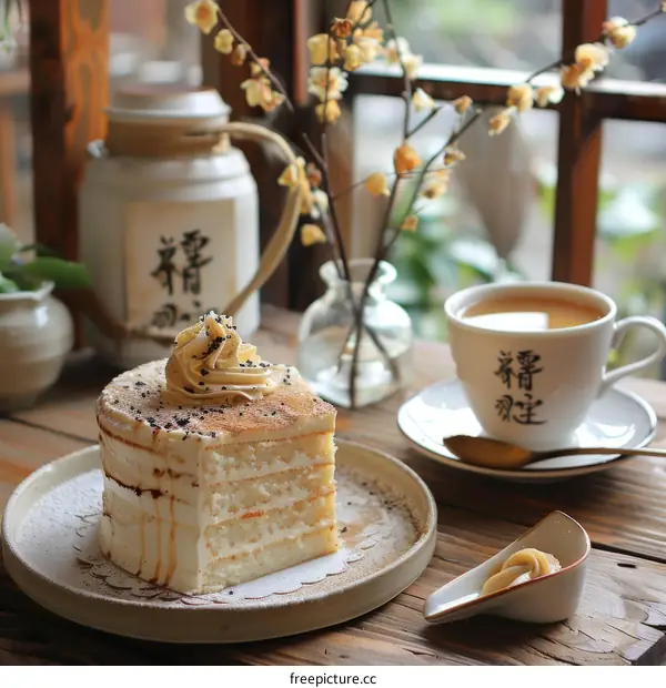 Afternoon Tea with Cake, Flowers, and Teacup