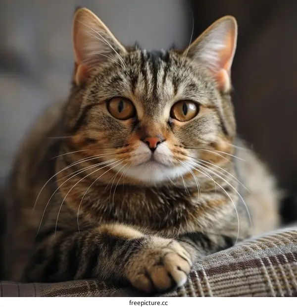 A ginger cat is sitting on a couch and looking at the camera
