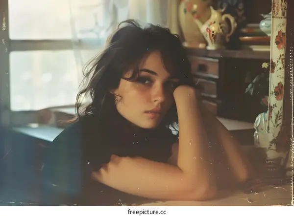 Portrait of a young woman with long brown hair resting her head on her hand