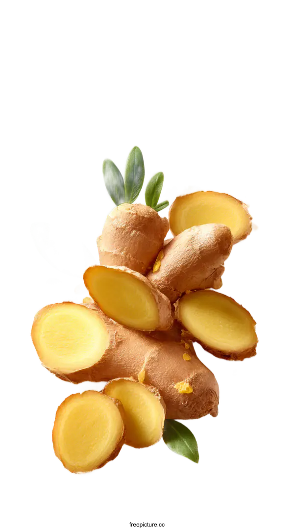 [Transparent Background PNG]Fresh Sliced Ginger with Leaves
