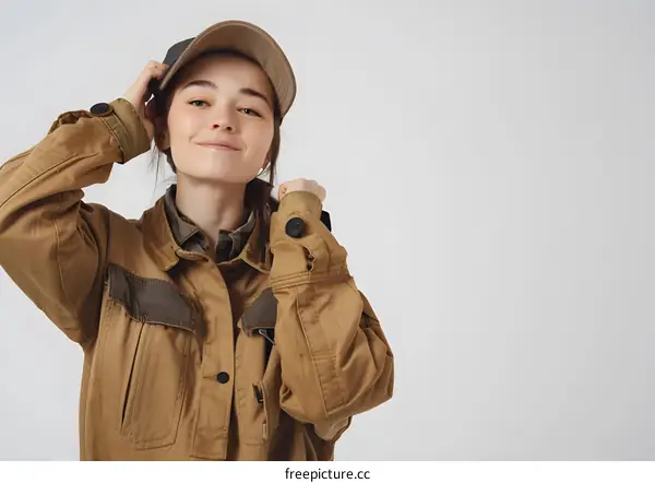 portrait of a young woman in a brown cap and brown jacket