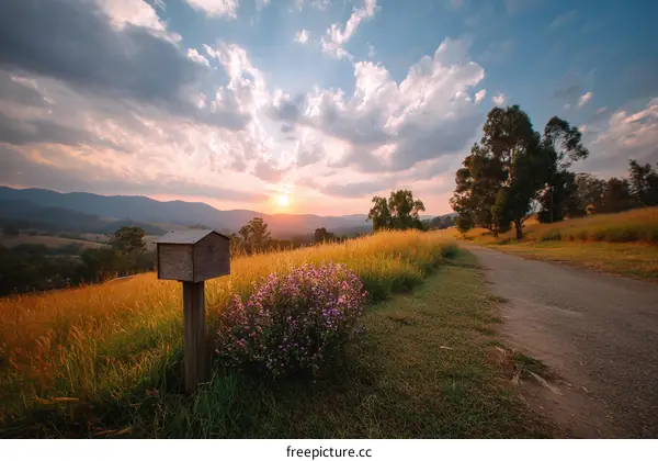 Golden Sunset Over the Rolling Hills and Country Road
