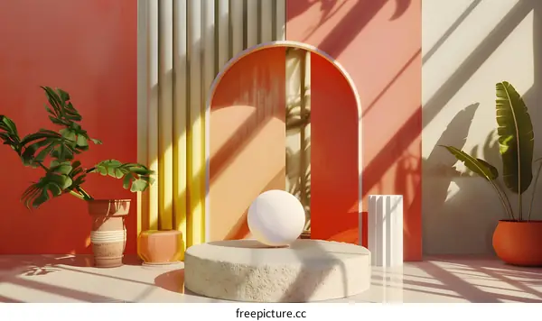 Abstract Minimalist 3D Illustration with Arched Doorways and Podium