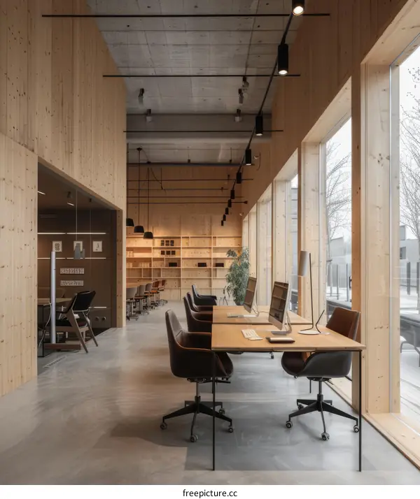 Wooden office interior with large windows