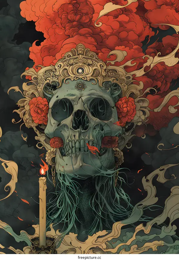 skull illustration with red and green accents