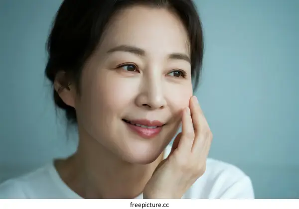 A middle-aged woman with natural skin and gentle smile