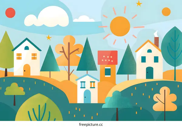 Cute Cartoon Illustration of a Village in the Summer