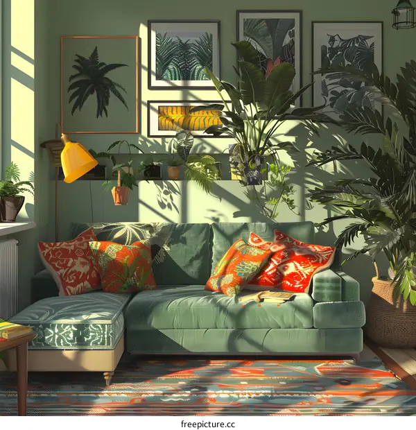 Green Living Room with Plants and Sofa