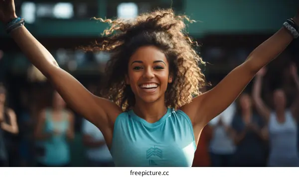 Ecstatic black woman with arms raised in victory