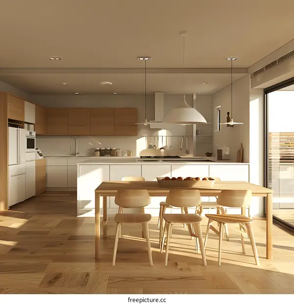 Perspective of a home kitchen with a large island and wood table with chairs