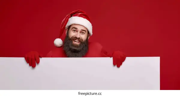 Bearded man in Santa hat holding blank sign