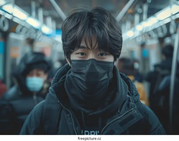 Portrait of a young Asian man wearing a mask on a subway train