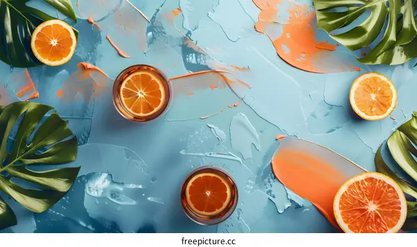 Orange Slices with Tropical Leaves on Blue Background