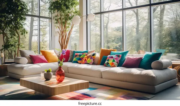 Modern living room interior with large windows and colorful pillows