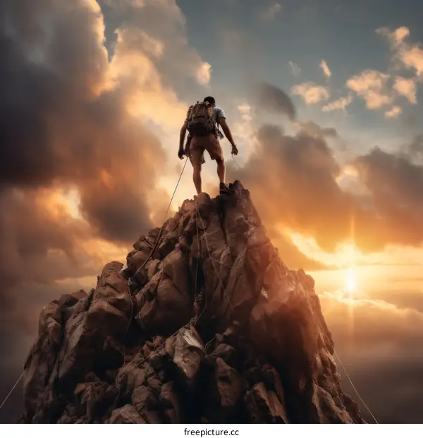 Man reaches the summit of a mountain and looks out at the view