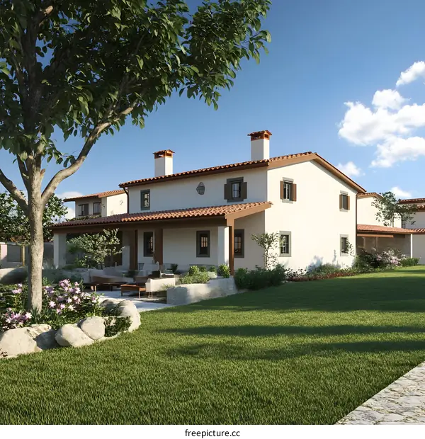 White Mediterranean Style Villa with Brown Roof