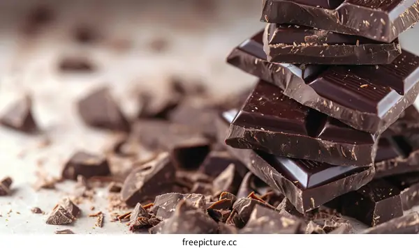 Stack of dark chocolate bars and grated chocolate