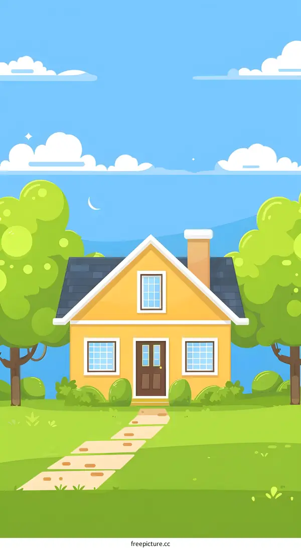 Yellow House with Green Trees and Blue Sky Illustration