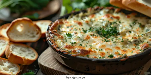 cheesy spinach artichoke dip with toasted bread
