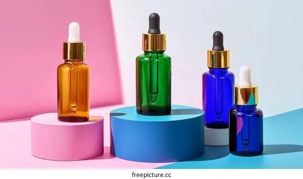Colorful Dropper Bottles on Podiums