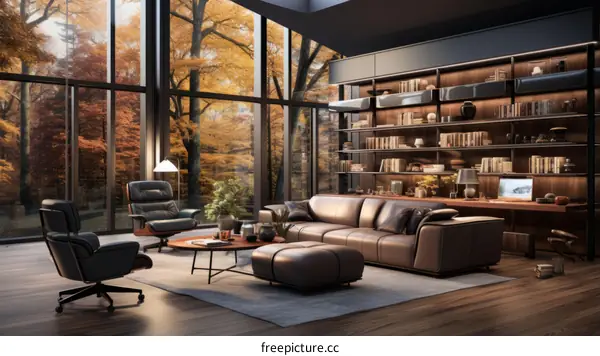Modern living room with floor-to-ceiling windows and a view of the autumn forest