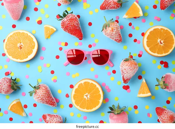Summer Fruits and Sunglasses on Blue Background