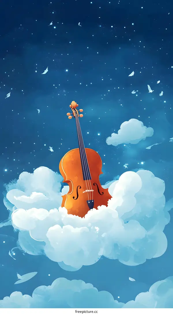Cello in the Sky with Stars and Clouds