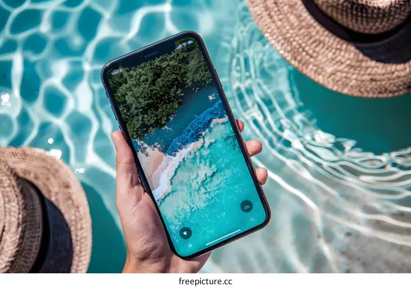 Close Up of Hand Holding Smartphone with Beach Wallpaper near Pool