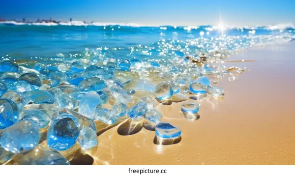 Sunlight over Smooth Glass Pebbles on the Beach